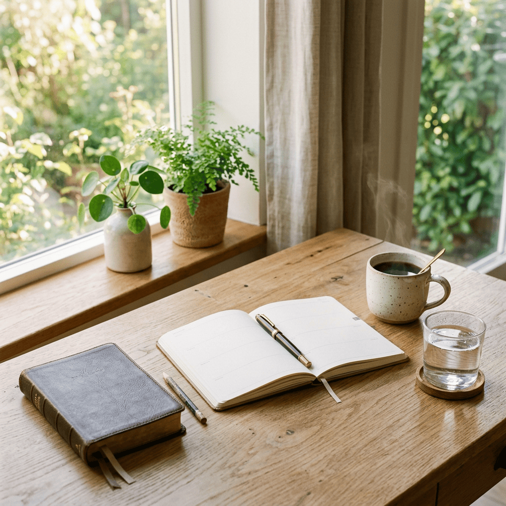 Open notebook, pen, coffee, water, and plants on a sunlit wooden desk